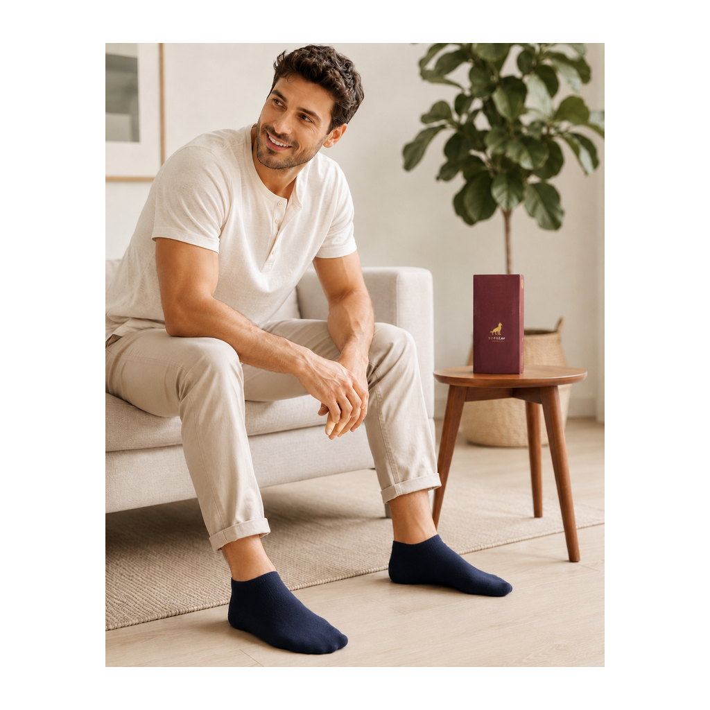 Homem sentado num sofá a usar soquete liso azul-marinho 100% algodão da gama SOFTline, Ref. 1005, em ambiente interior.