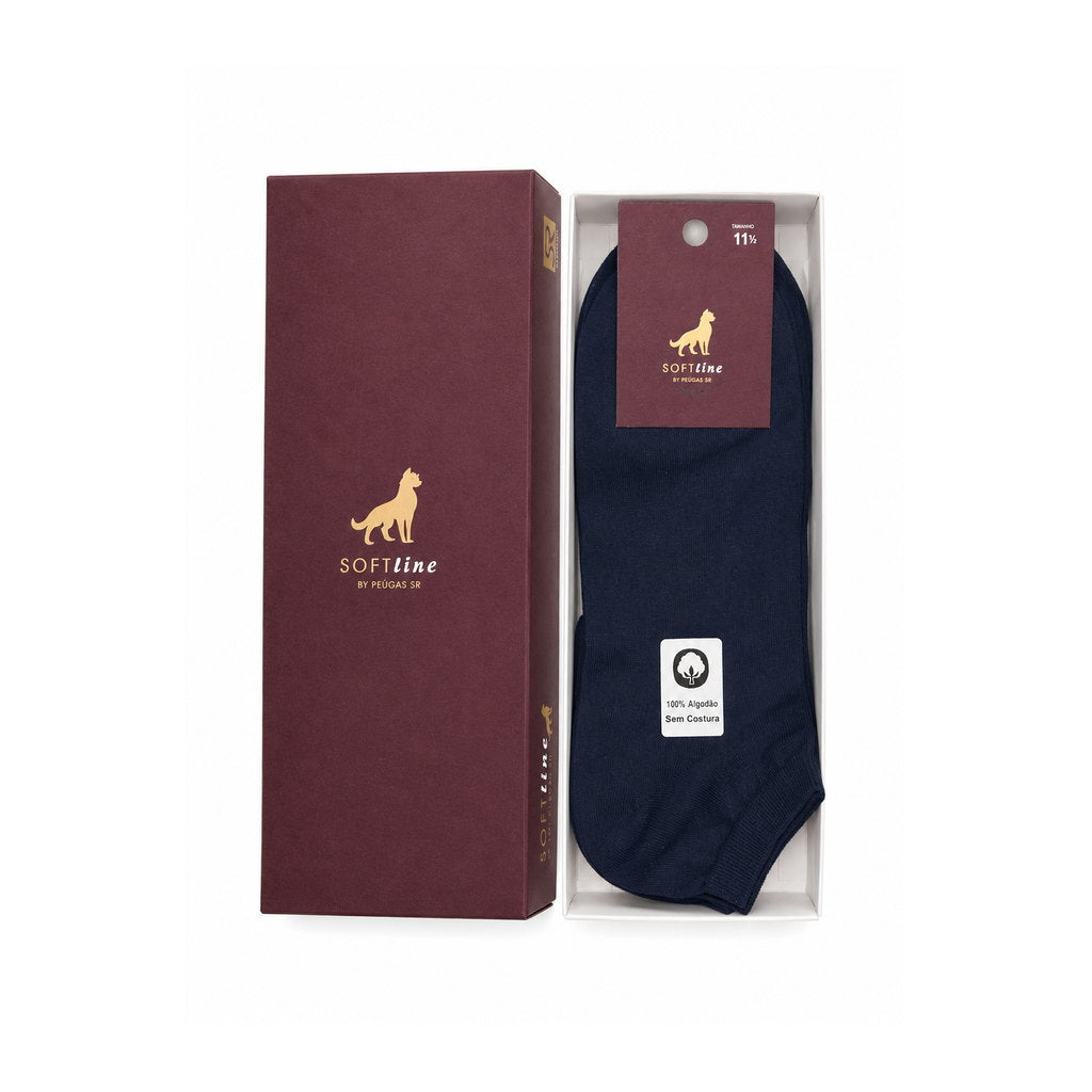 Caixa de 6 pares de soquetes lisos 100% algodão azul-marinho da gama SOFTline, Ref. 1005, com embalagem visível.