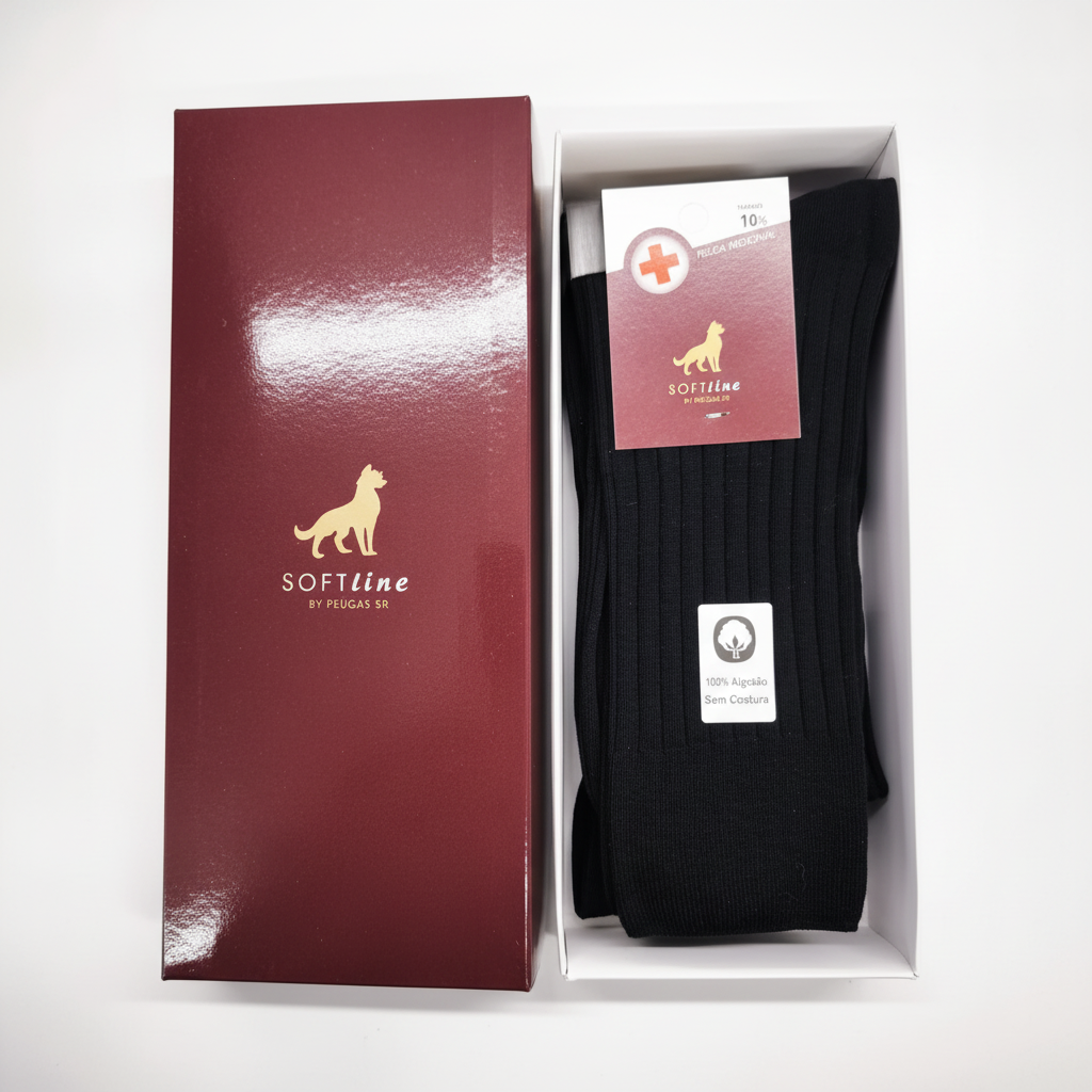Caixa 6 pares meias algodao punho medicinal canelado cor preta Ref. 700 Senhor Peugas