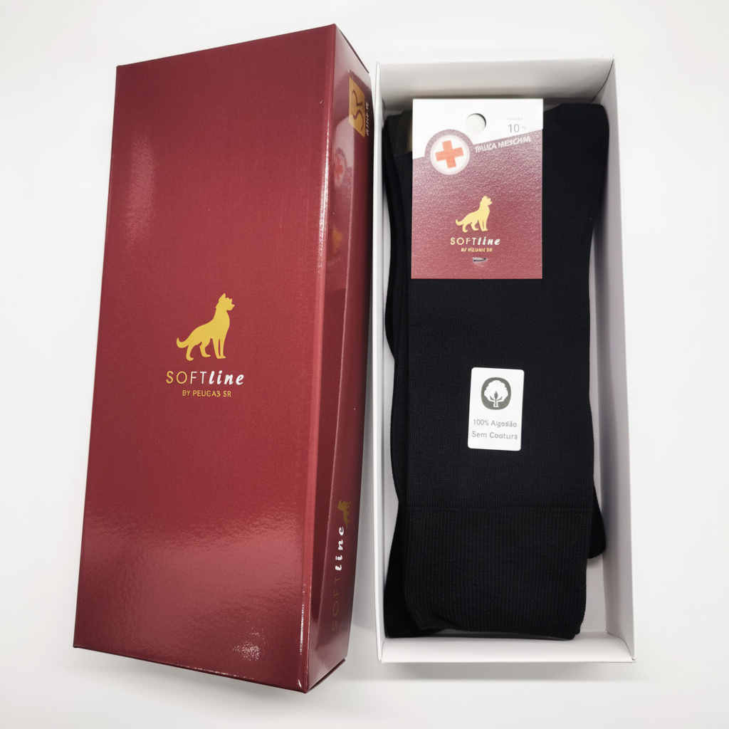 Caixa 6 pares meias algodao punho medicinal liso seamless cor preta Ref. 820 Senhor Peugas