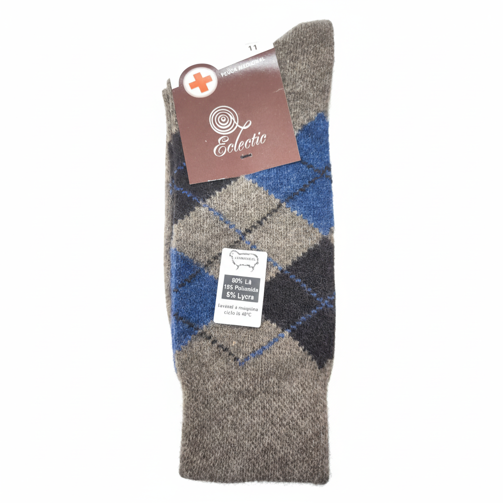 Meias Lambswool Xadrez Punho Medicinal Bege Escuro Azul - Ref. 5060 - Senhor Peugas