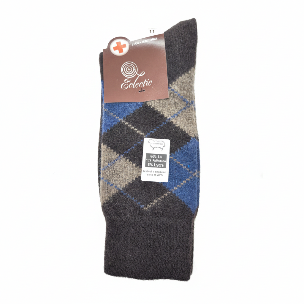 Meias Lambswool Xadrez Punho Medicinal Castanho Azul - Ref. 5060 - Senhor Peugas